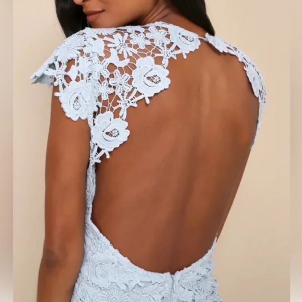 Lulus Romance Language Light Blue Backless Lace Dress